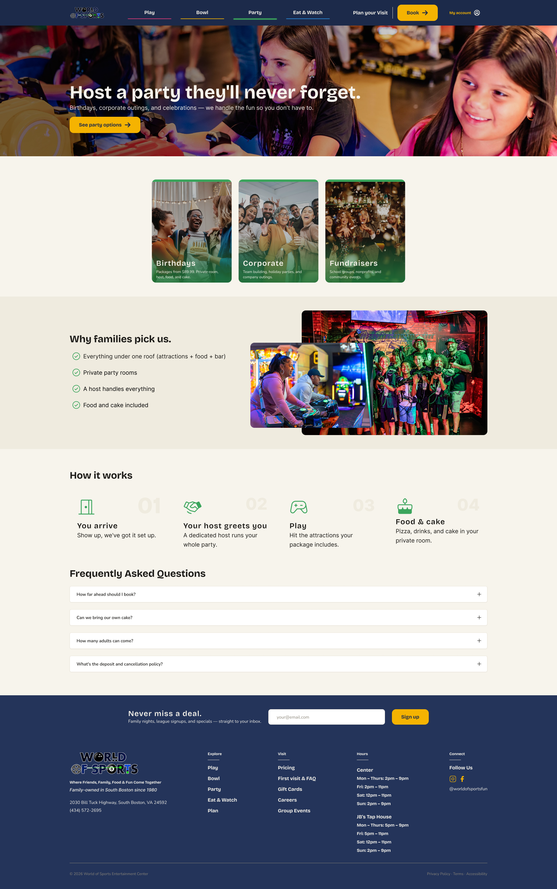Party hub page desktop and mobile